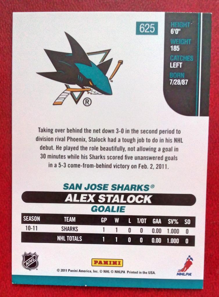 2010-11 Score #625 Alex Stalock RC (NHL) San Jose Sharks 1