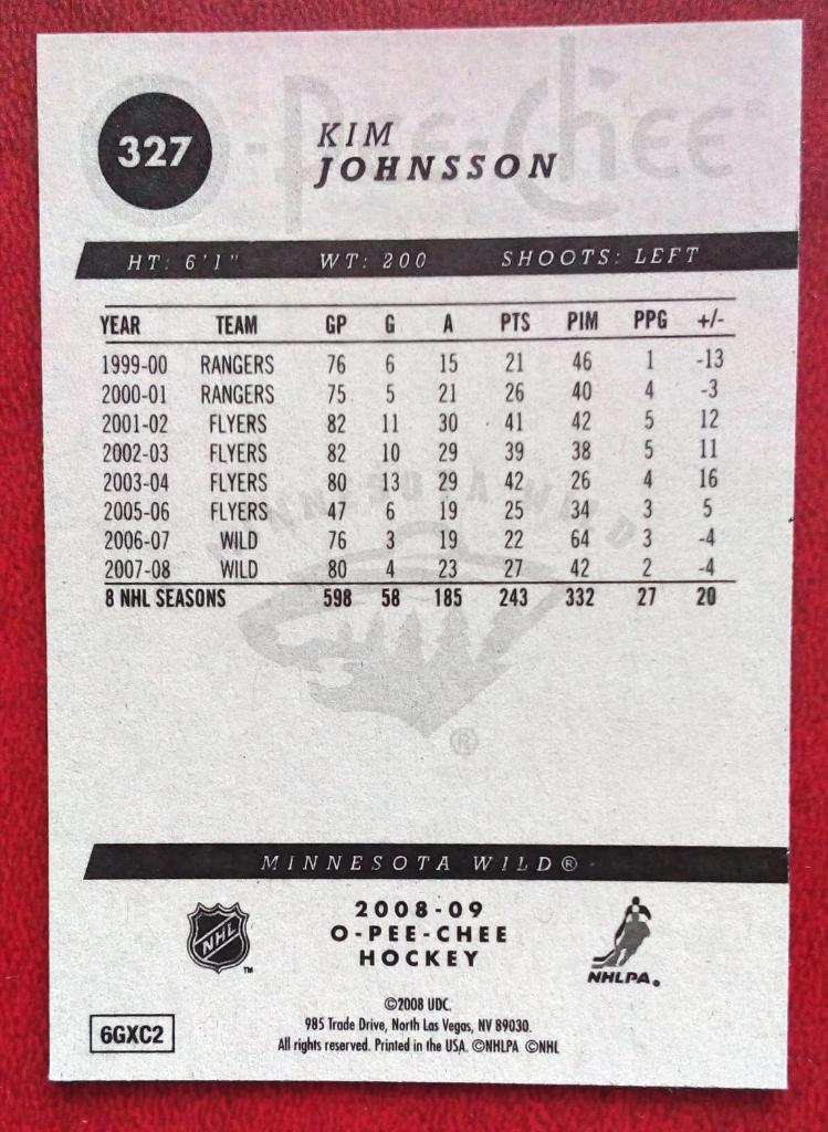 2008-09 O-Pee-Chee #327 Kim Johnsson (NHL) Minnesota Wild 1