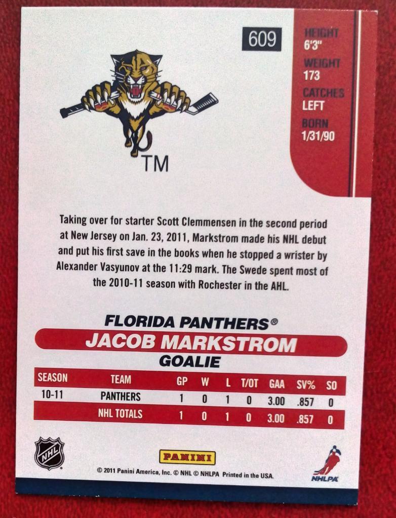 2010-11 Score #609 Jacob Markstrom RC (NHL) Florida Panthers 1