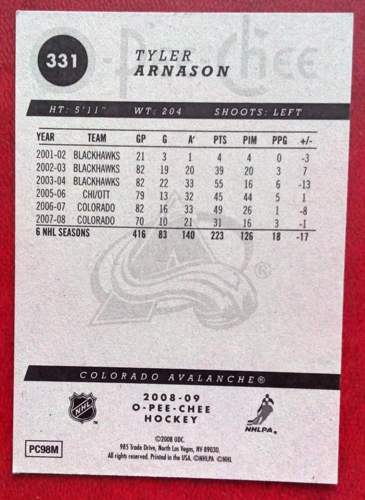 2008-09 O-Pee-Chee #331 Tyler Arnason (NHL) Colorado Avalanche 1