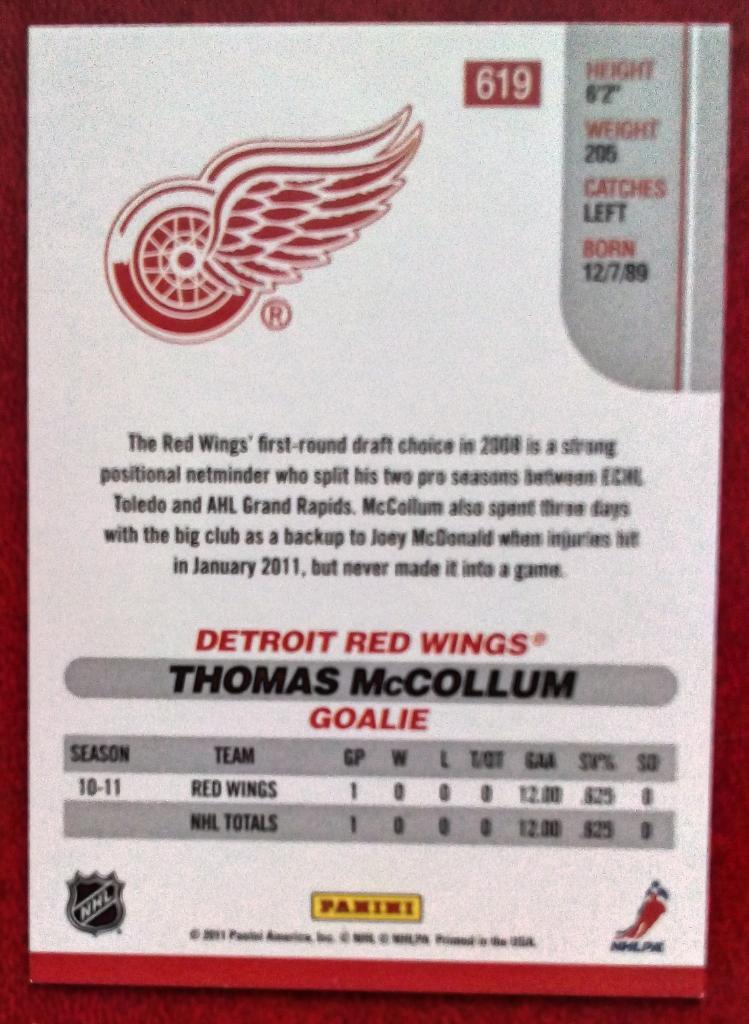 2010-11 Score #619 Thomas McCollum RC (NHL) Detroit Red Wings 1