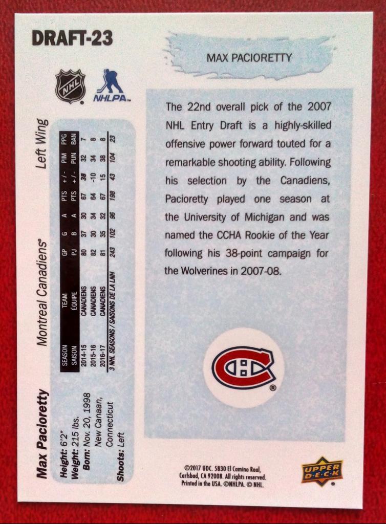 2016-17 Upper Deck Draft #DRAFT23 Max Pacioretty (NHL) Montreal Canadiens 1
