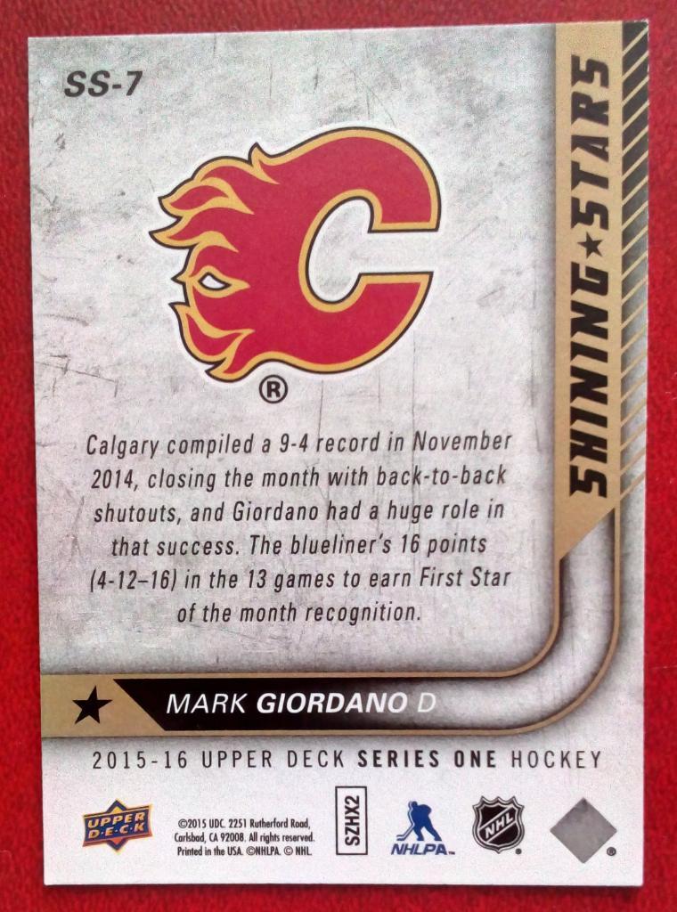 2015-16 Upper Deck Shining Stars #SS7 Mark Giordano (NHL) Calgary Flames 1