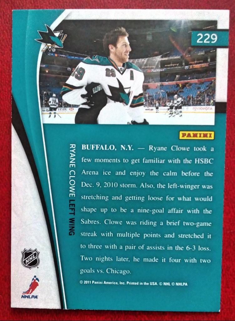 2011-12 Pinnacle #229 Ryane Clowe (NHL) San Jose Sharks 1