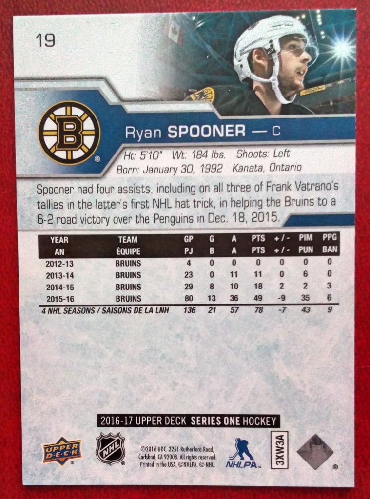 2016-17 Upper Deck #19 Ryan Spooner (NHL) Boston Bruins 1
