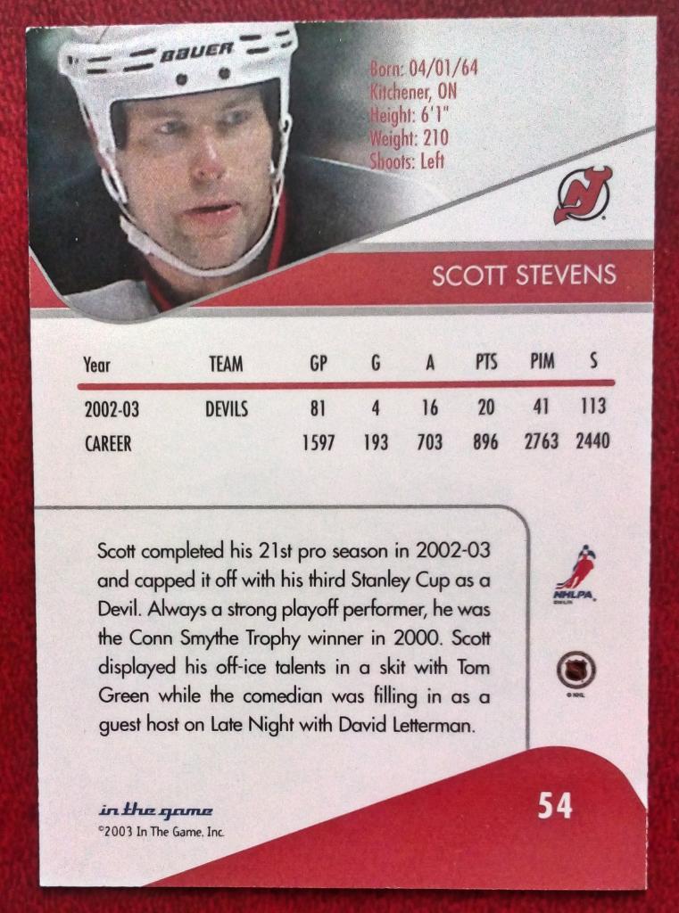 2003-04 ITG Toronto Star #54 Scott Stevens (NHL) New Jersey Devils 1