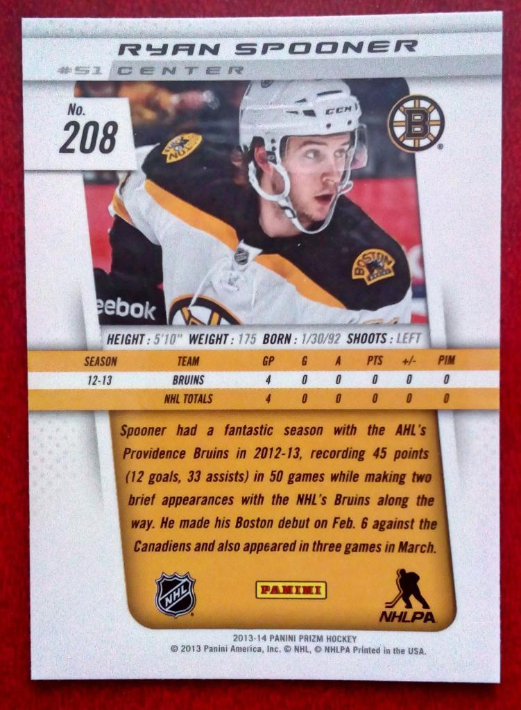 2013-14 Panini Prizm #208 Ryan Spooner RC (NHL) Boston Bruins 1