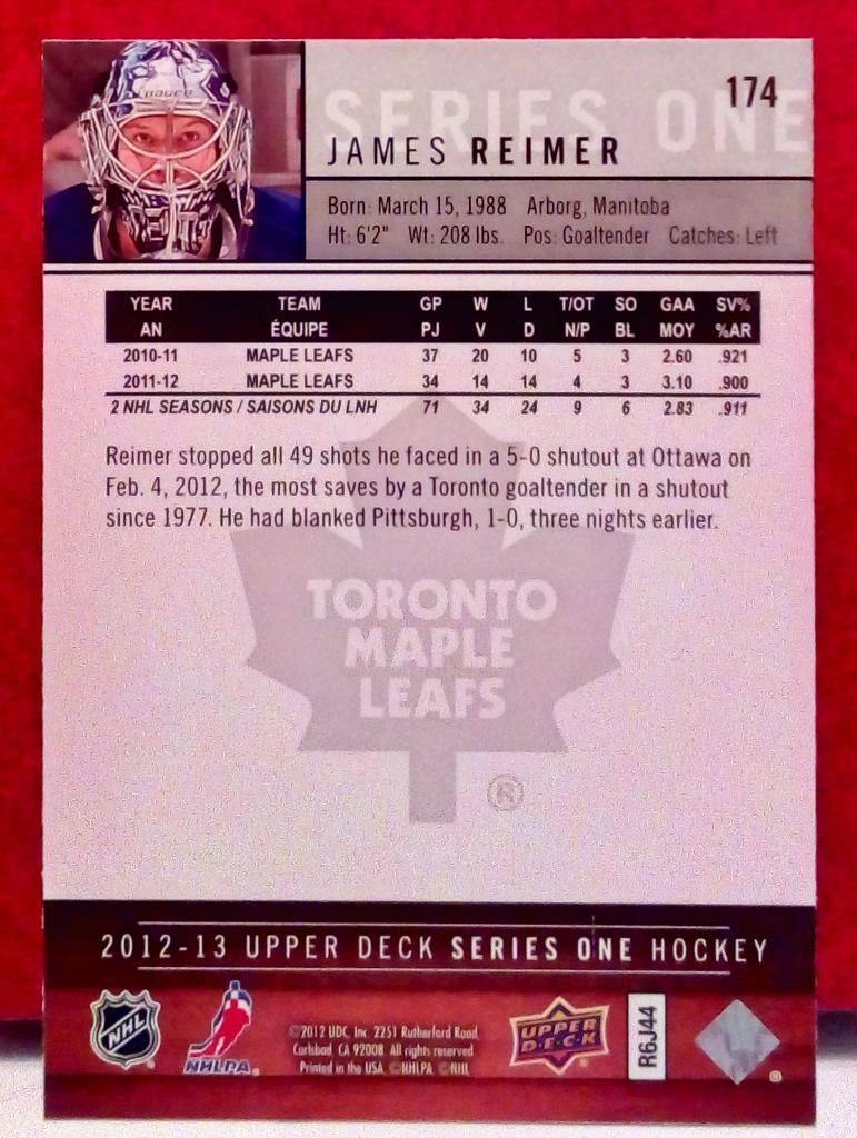 2012-13 Upper Deck #174 James Reimer (NHL) Toronto Maple Leafs 1
