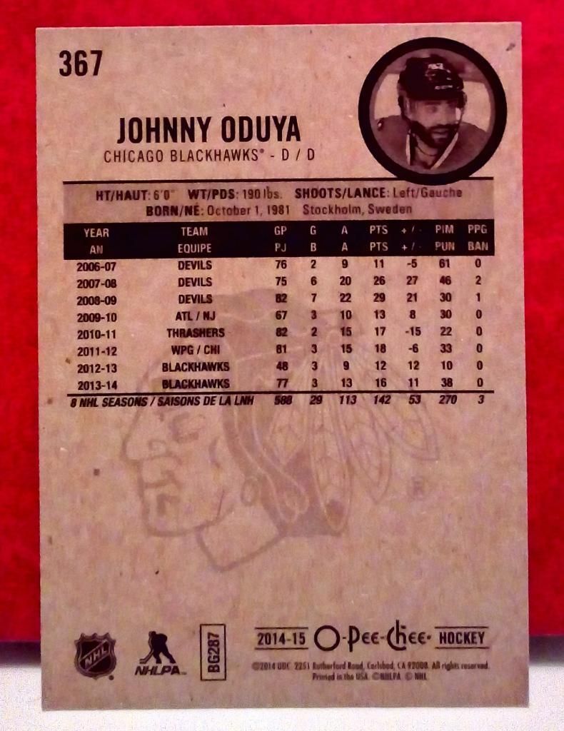2014-15 O-Pee-Chee #367 Johnny Oduya (NHL) Chicago Blackhawks 1