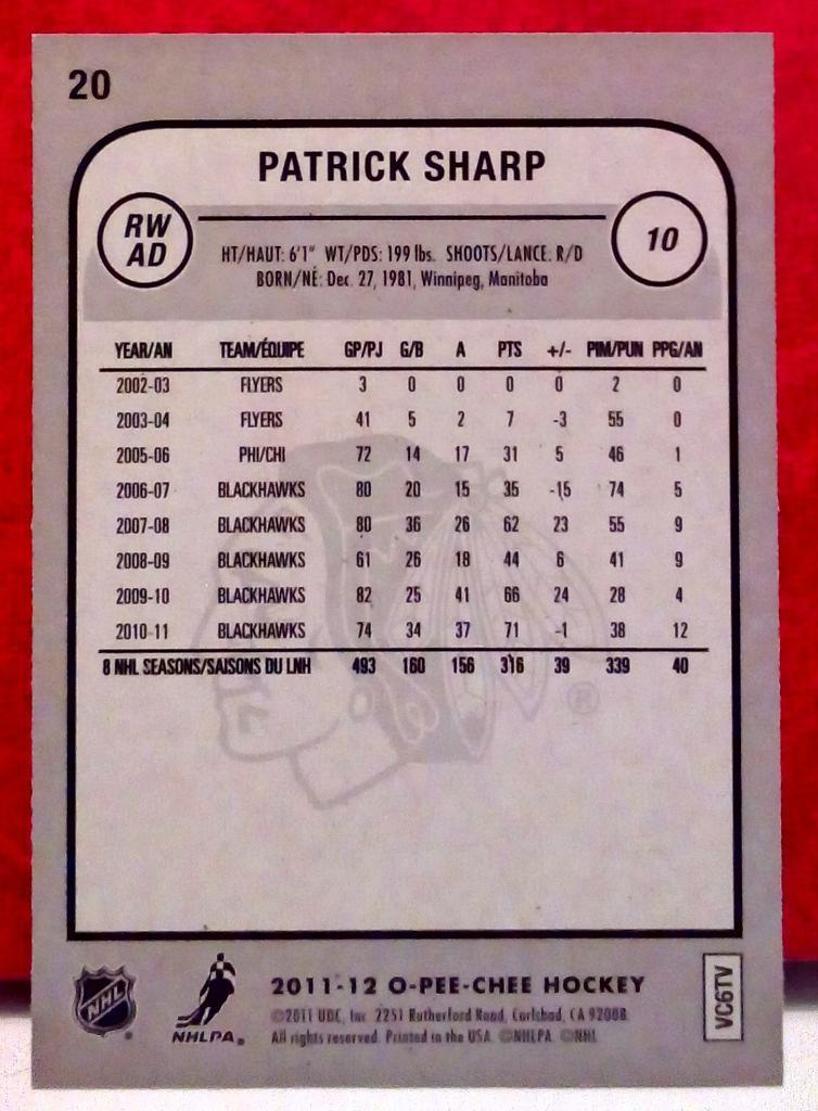 2011-12 O-Pee-Chee #20 Patrick Sharp (NHL) Chicago Blackhawks 1