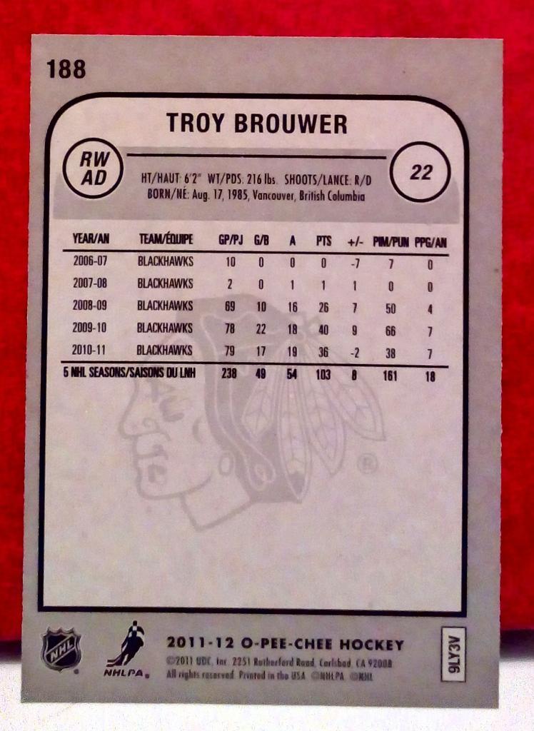 2011-12 O-Pee-Chee #188 Troy Brouwer (NHL) Chicago Blackhawks 1