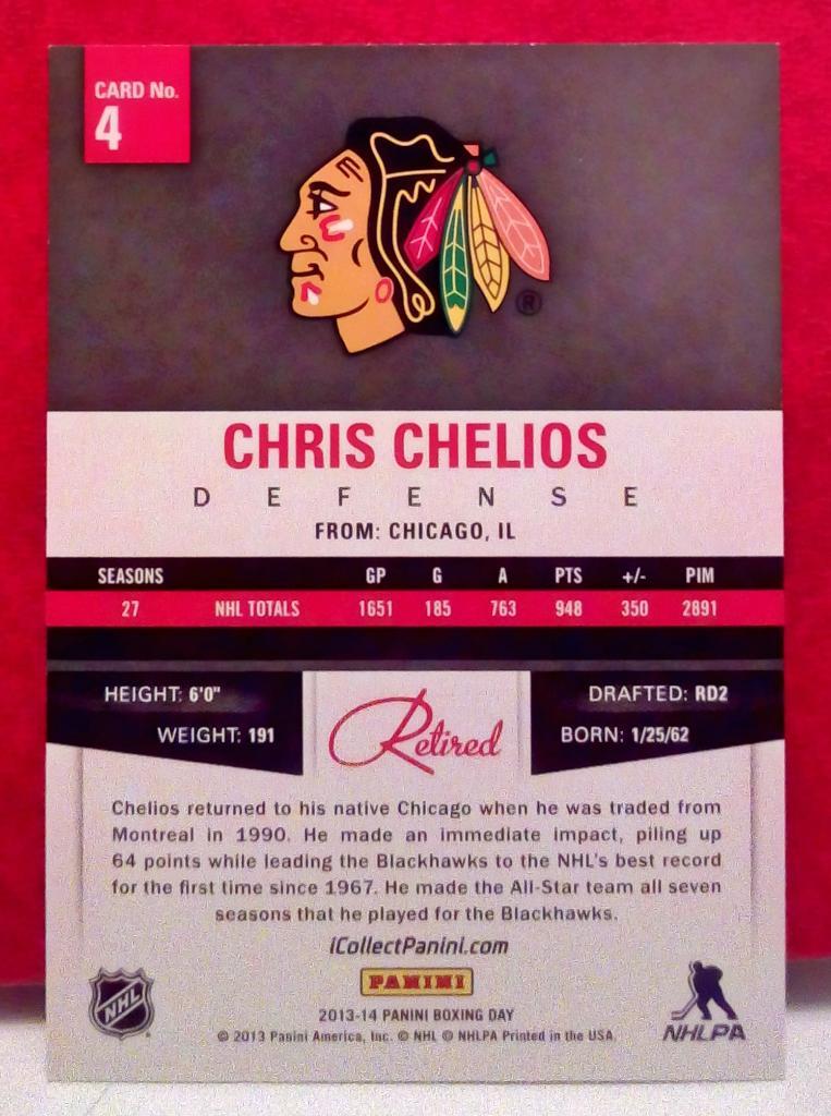2013-14 Absolute Retired #4 Chris Chelios (NHL) Chicago Blackhawks 1