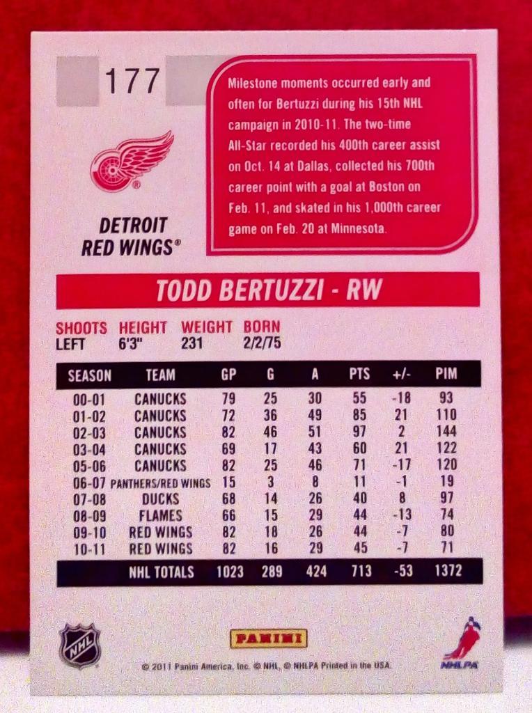 2011-12 Score Gold #177 Todd Bertuzzi (NHL) Detroit Red Wings 1