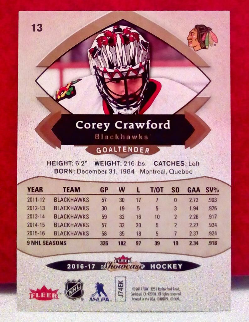 2016-17 Fleer Showcase #13 Corey Crawford (NHL) Chicago Blackhawks 1