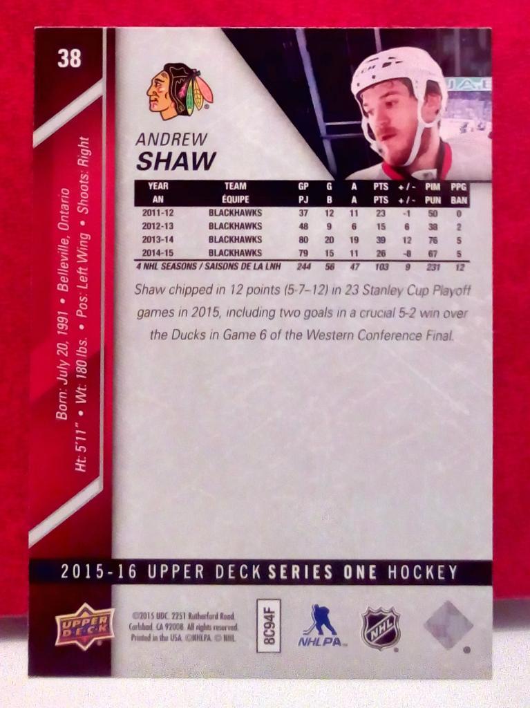 2015-16 Upper Deck #38 Andrew Shaw (NHL) Chicago Blackhawks 1