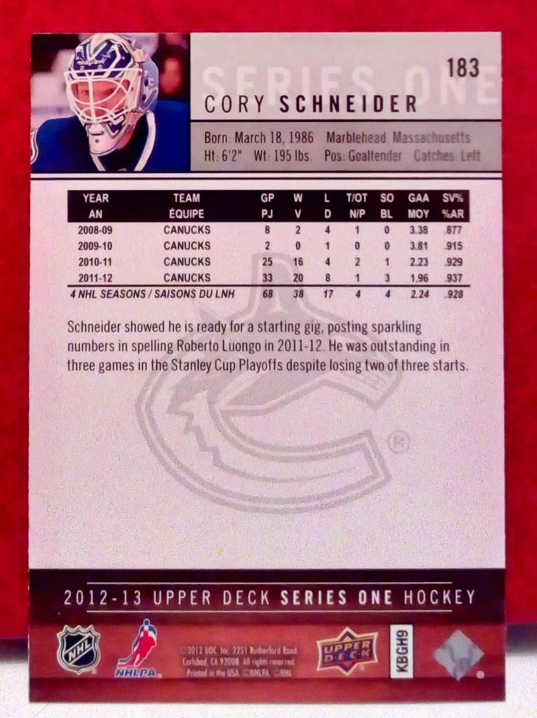 2012-13 Upper Deck #183 Cory Schneider (NHL) Vancouver Canucks 1