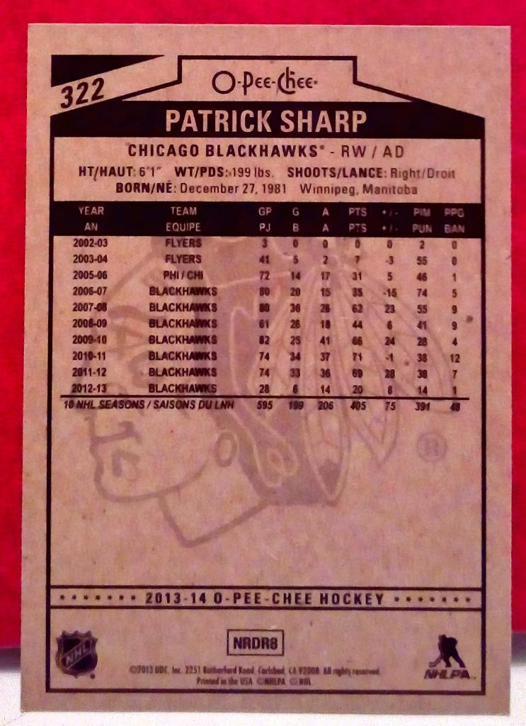 2013-14 O-Pee-Chee #322 Patrick Sharp (NHL) Chicago Blackhawks 1