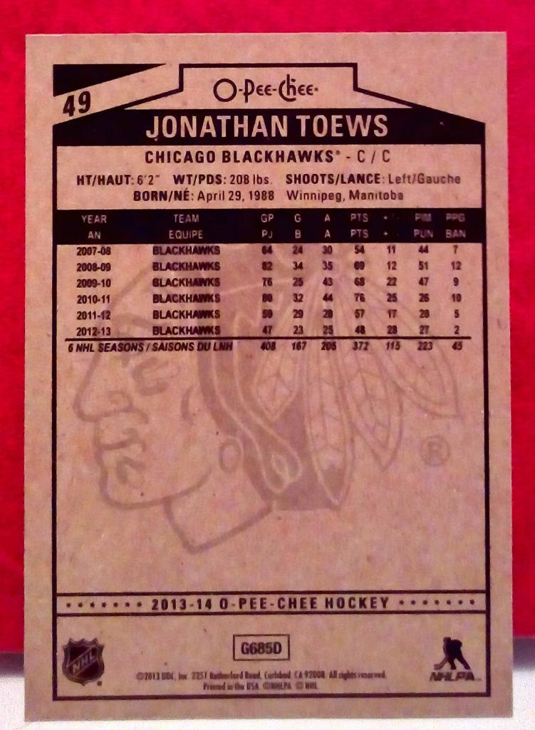 2013-14 O-Pee-Chee #49 Jonathan Toews (NHL) Chicago Blackhawks 1