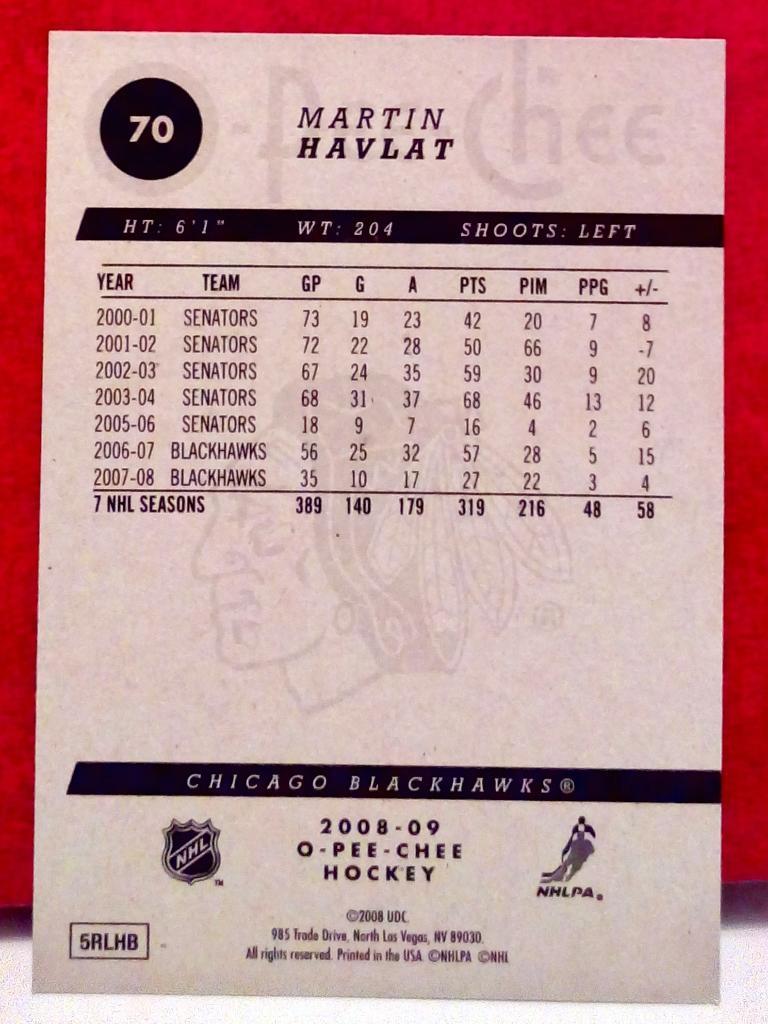 2008-09 O-Pee-Chee #70 Martin Havlat (NHL) Chicago Blackhawks 1