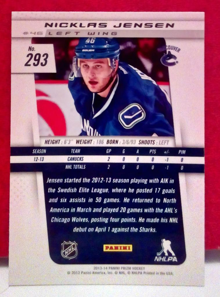 2013-14 Panini Prizm #293 Nicklas Jensen RC (NHL) Vancouver Canucks 1