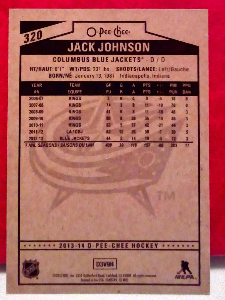 2013-14 O-Pee-Chee #320 Jack Johnson (NHL) Columbus Blue Jackets 1
