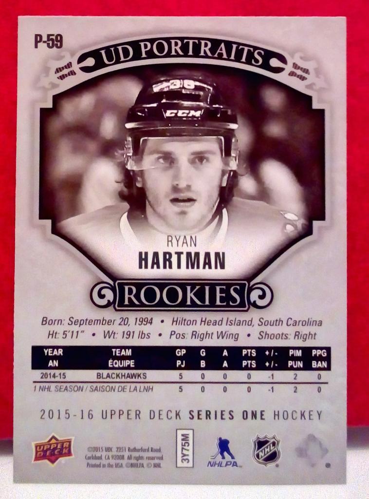 2015-16 Upper Deck UD Portraits #P59 Ryan Hartman (NHL) Chicago Blackhawks 1