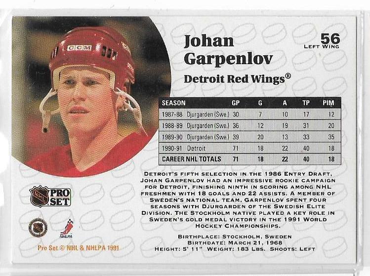 1991-92 Pro Set #56 Johan Garpenlov 1