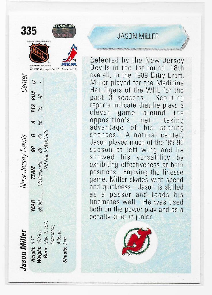 1990-91 Upper Deck #335 Jason Miller RC 1