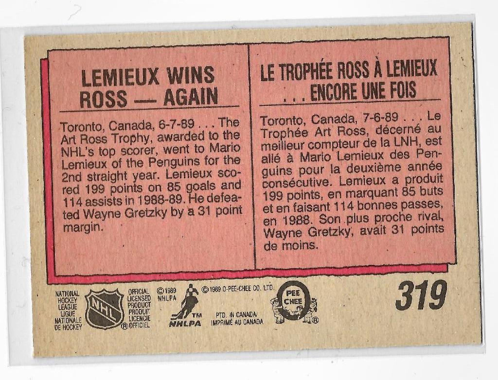 1989-90 O-Pee-Chee #319 Mario Lemieux Ross 1