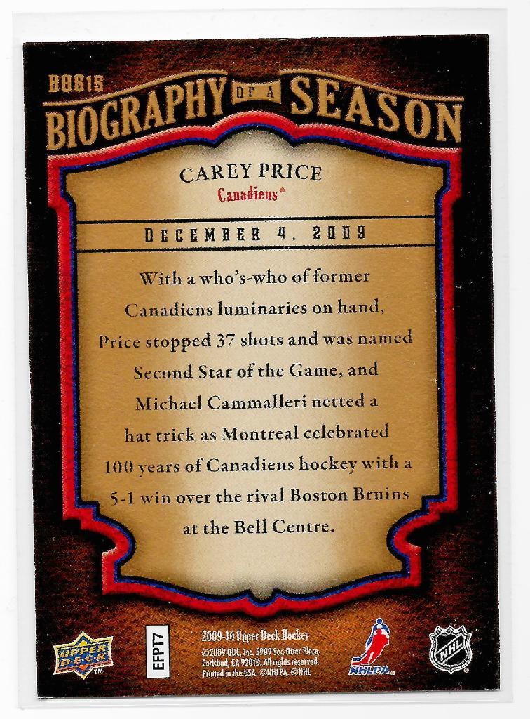2009-10 Upper Deck Biography of a Season #BOS15 Carey Price 1