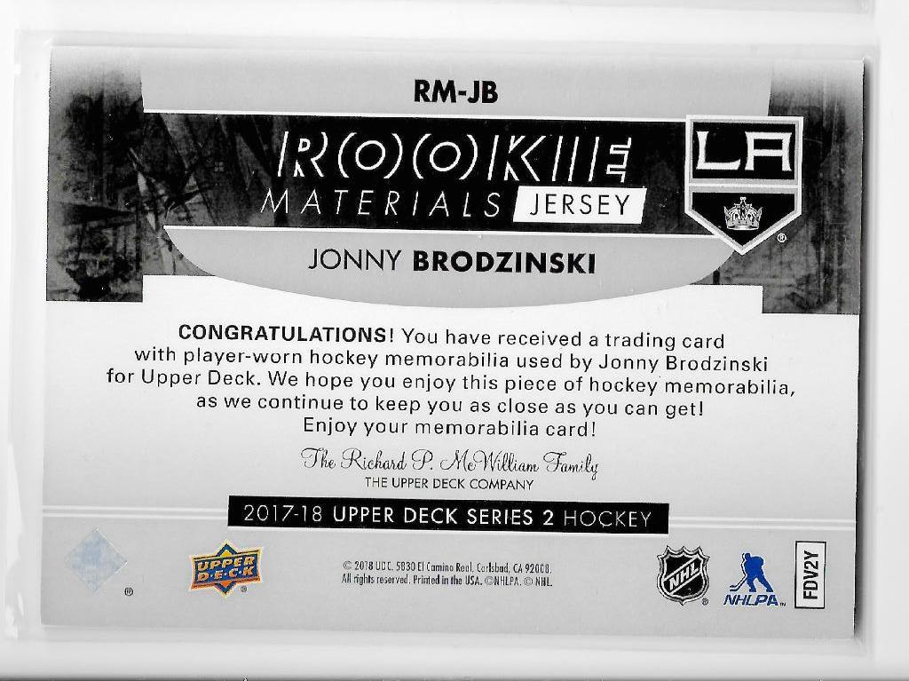 2017-18 Upper Deck Rookie Materials #RMJB Jonny Brodzinski F 1