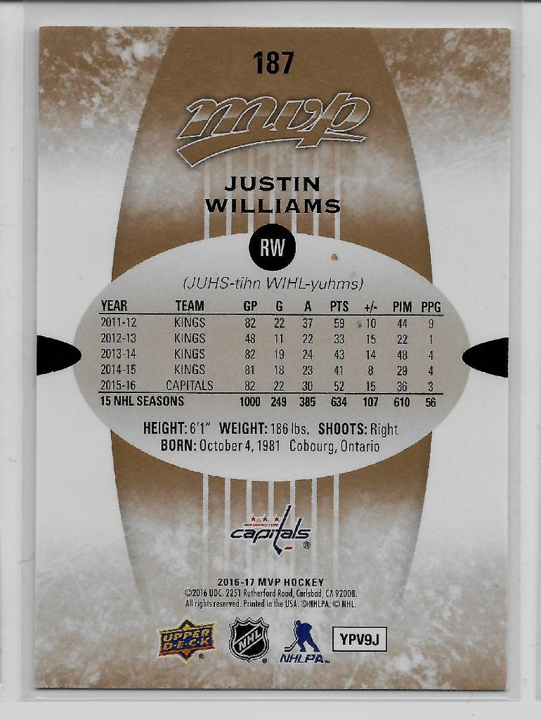 2016-17 Upper Deck MVP #187 Justin Williams 1
