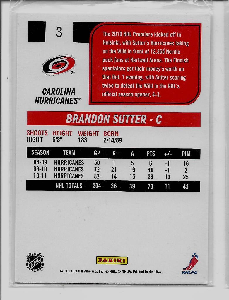 2011-12 Score #3 Brandon Sutter SH 1