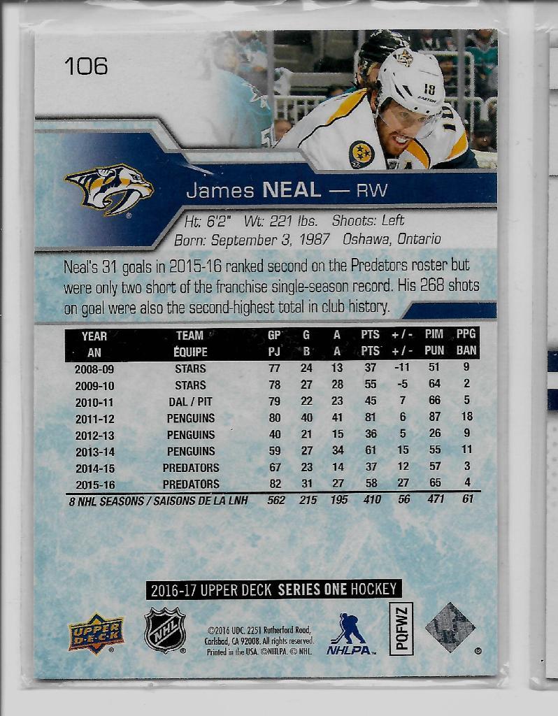 2016-17 Upper Deck #106 James Neal 1