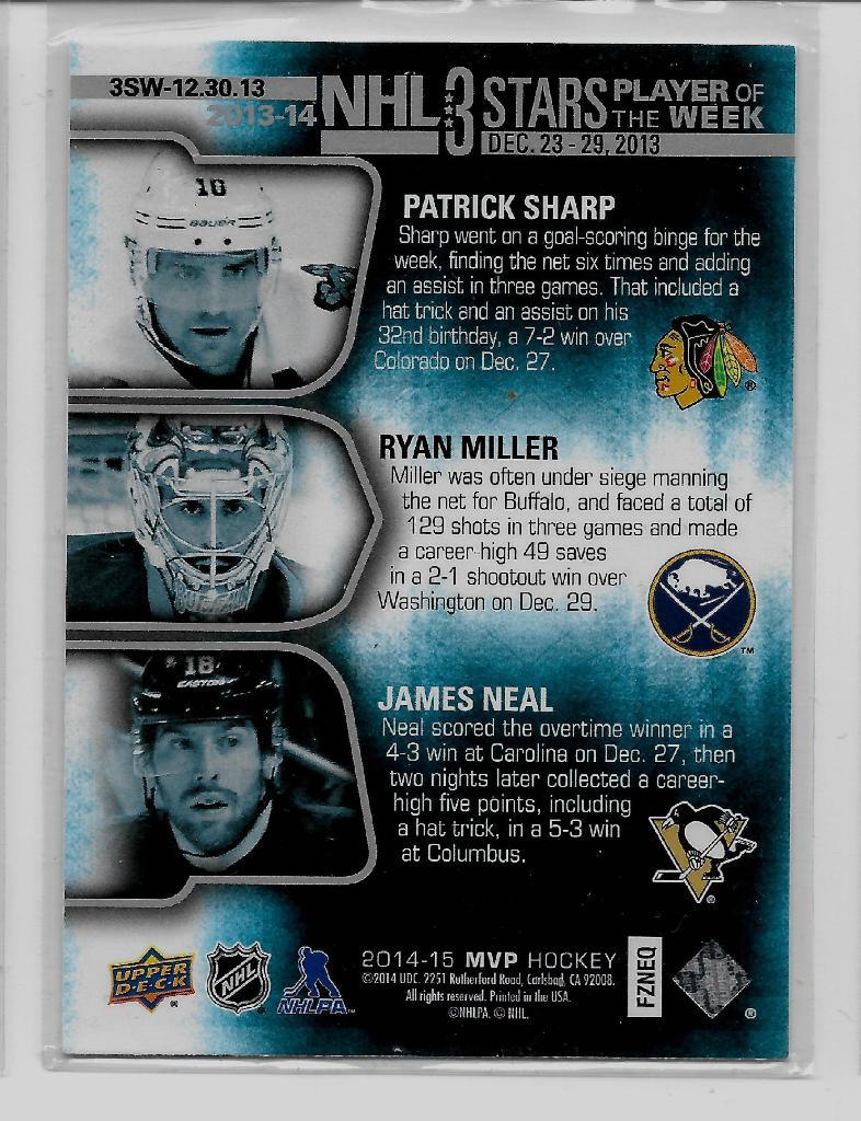 2014-15 Upper Deck MVP NHL Three Stars #3SW123013 Sharp/Miller/Neal 1