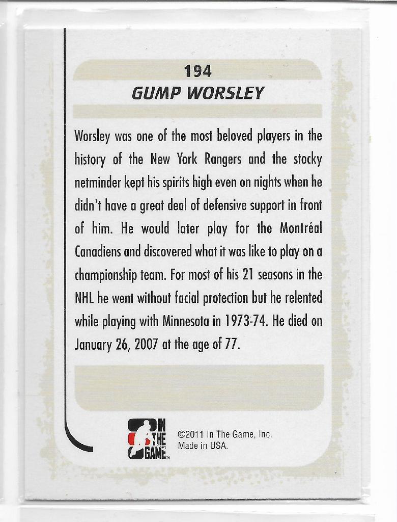 2010-11 Between The Pipes #194 Gump Worsley 1