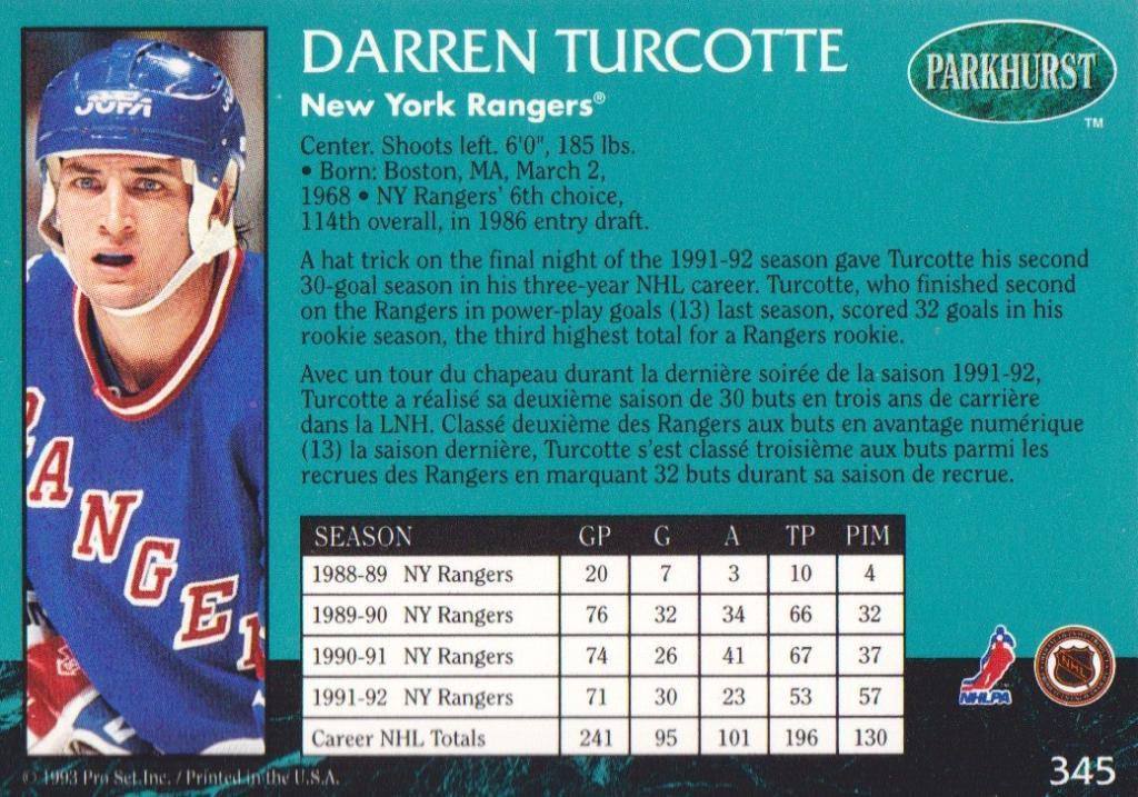 1992-93 Parkhurst #345 Darren Turcotte 1