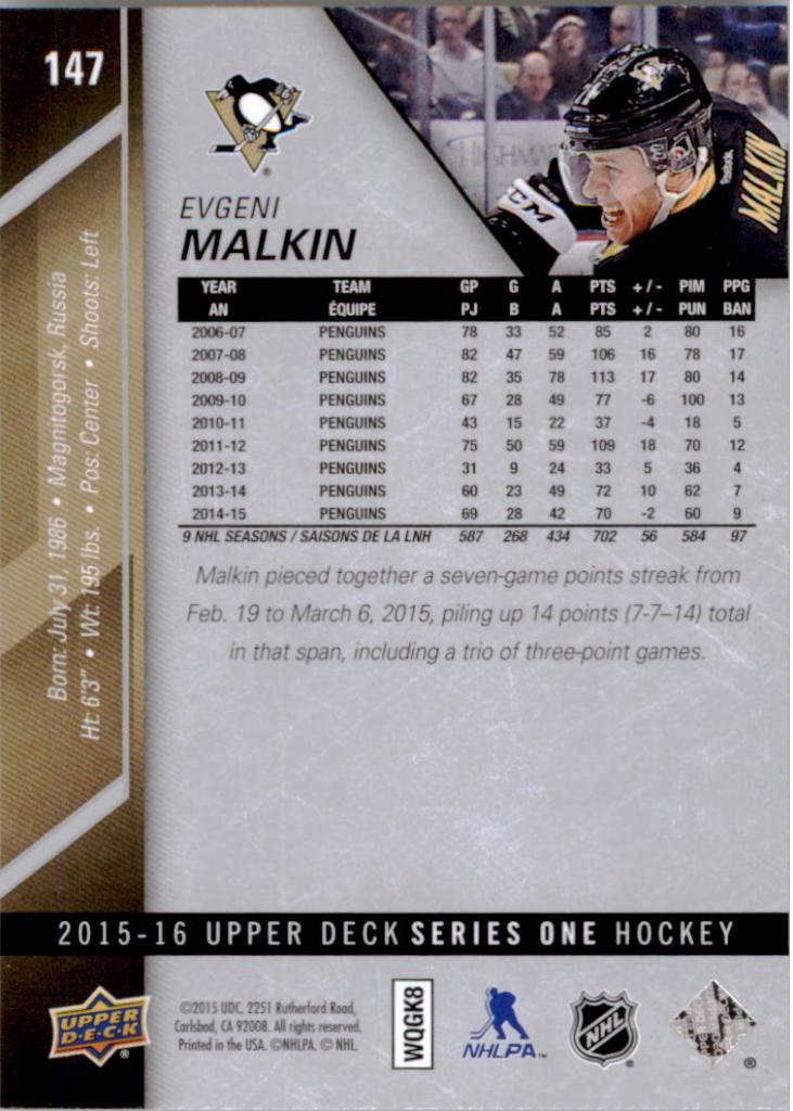 2015-16 Upper Deck #147 Evgeni Malkin 1