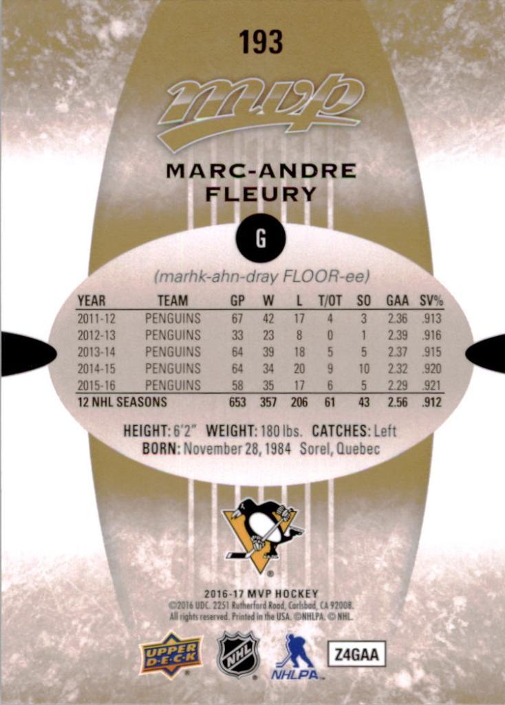 2016-17 Upper Deck MVP #193 Marc-Andre Fleury 1