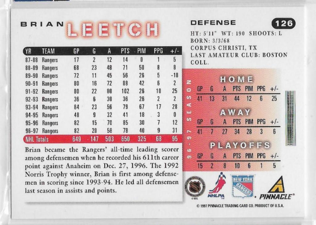 1997-98 Score #126 Brian Leetch \ NR 1