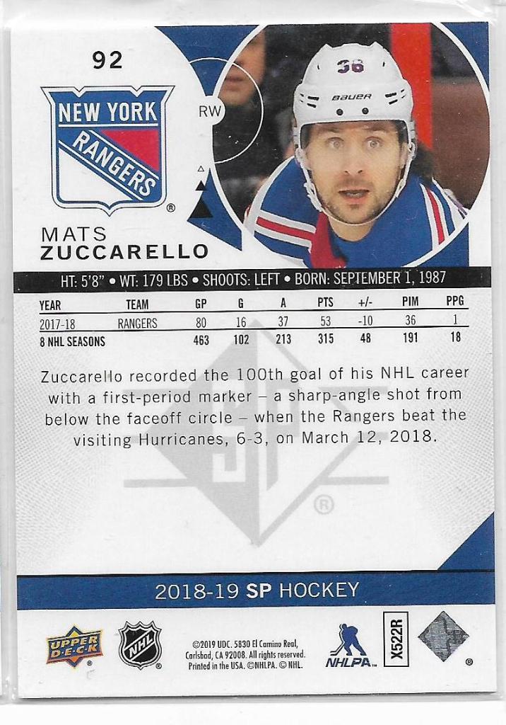 2018-19 SP #92 Mats Zuccarello \ NR 1