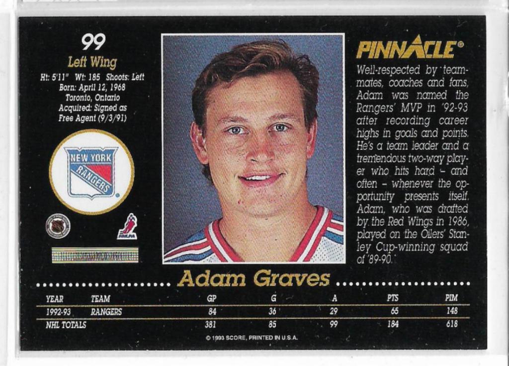 1993-94 Pinnacle #99 Adam Graves \ NR 1