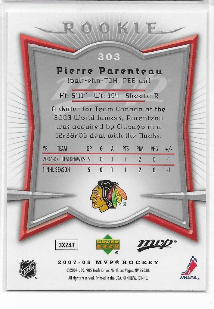 2007-08 Upper Deck MVP #303 Pierre Parenteau RC \ CB 1