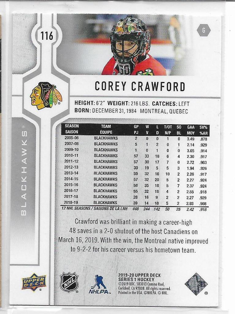 2019-20 Upper Deck #116 Corey Crawford\ CB 1