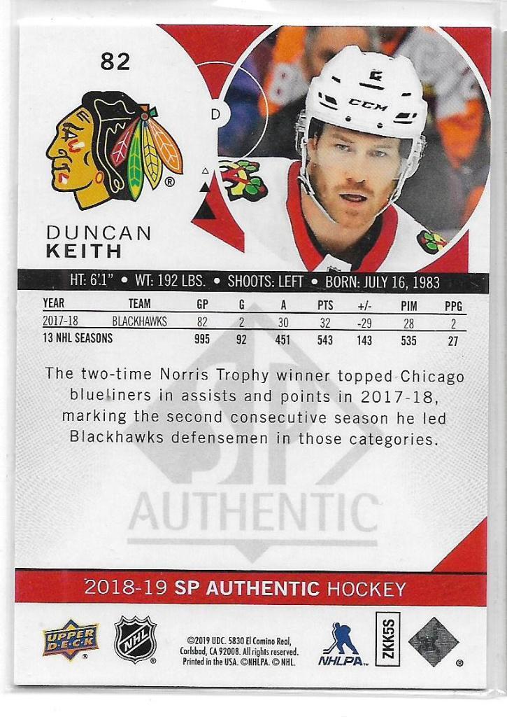 2018-19 SP Authentic #82 Duncan Keith\ CB 1