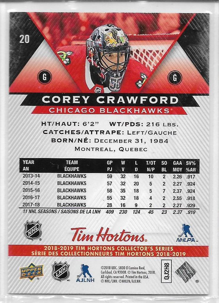 2018-19 Upper Deck Tim Hortons #20 Corey Crawford\ CB 1