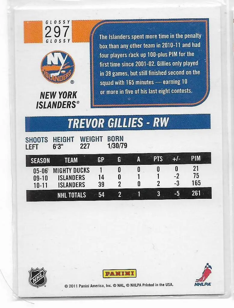 2011-12 Score Glossy #297 Trevor Gillies\ NI 1