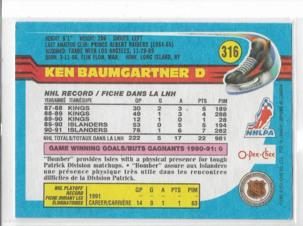 1991-92 O-Pee-Chee #316 Ken Baumgartner \ NI 1
