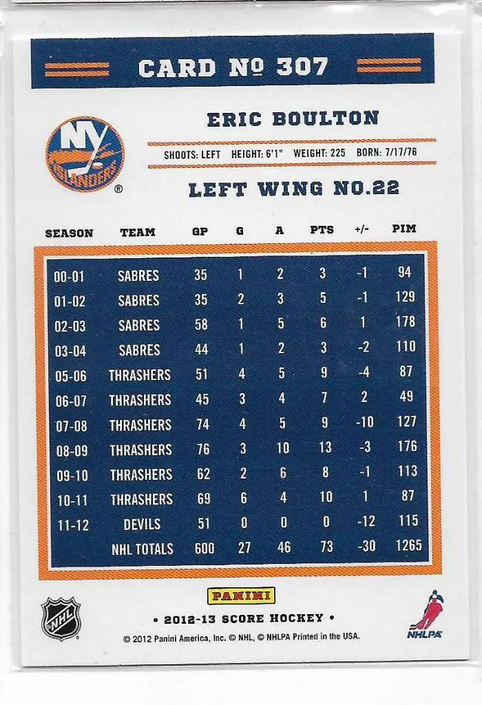 2012-13 Score #307 Eric Boulton\ NI 1