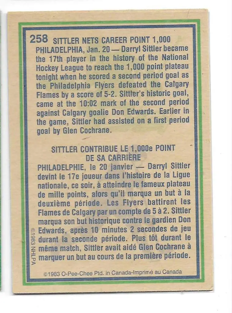 1983-84 O-Pee-Chee #258 Darryl Sittler HL \ PF 1